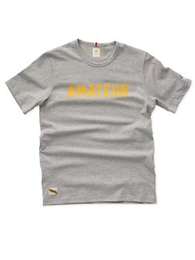 Tracksmith Grey Tee with Gold Logo and Red Neck Stripe